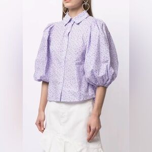 BYTIMO Dity Floral Print Cotton Shirt in Purple Floral with Puff Sleeves Size L